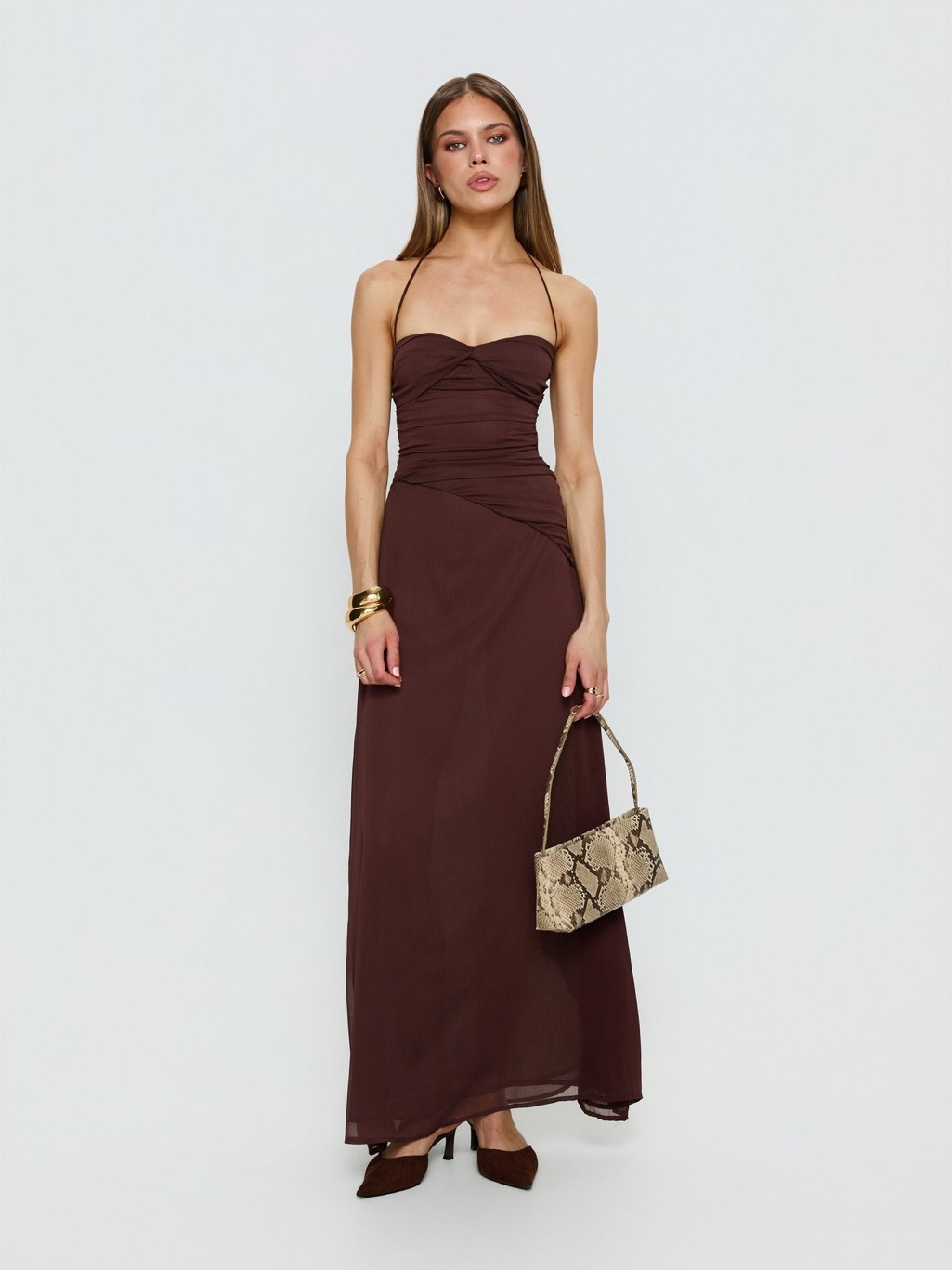 Princess Polly Kaemila Halter Chiffon Maxi Dress Brown Size 2 Nwt
